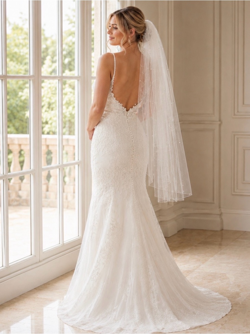 Elegant Pearl Embellished Fingertip Length Wedding Veil